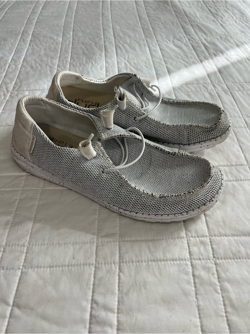 Hey Dude Lightweight Knit Slip-On Sneakers in Light Gray and White